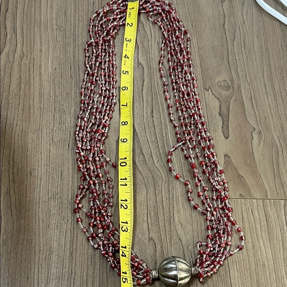 Multi-Strand Red Beaded Necklace with Silver Accent